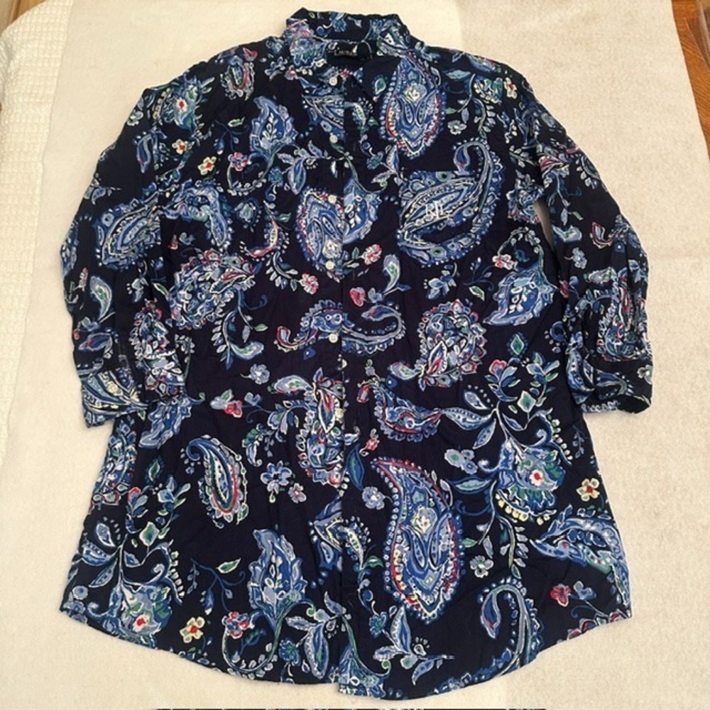 Lauren Ralph Lauren Paisley Button Down Shirt Womens L Blue Navy Blouse RL Logo